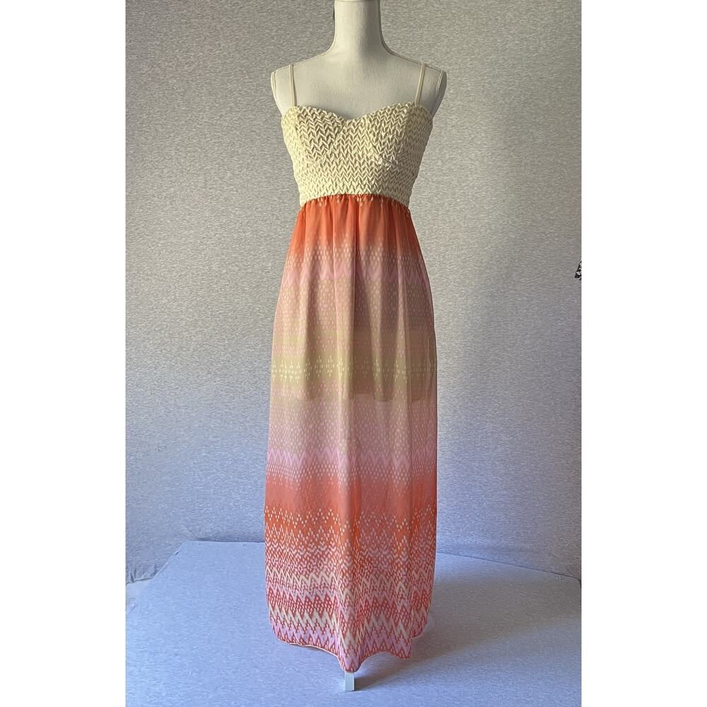 Trixxi Halter Maxi Dress Womens‎ Large Pink Orange Boho Print Crochet Top Sheer